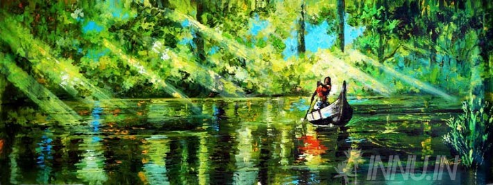 Buy Fine art painting Kerala Lady rowing in backwaters by Artist Martin