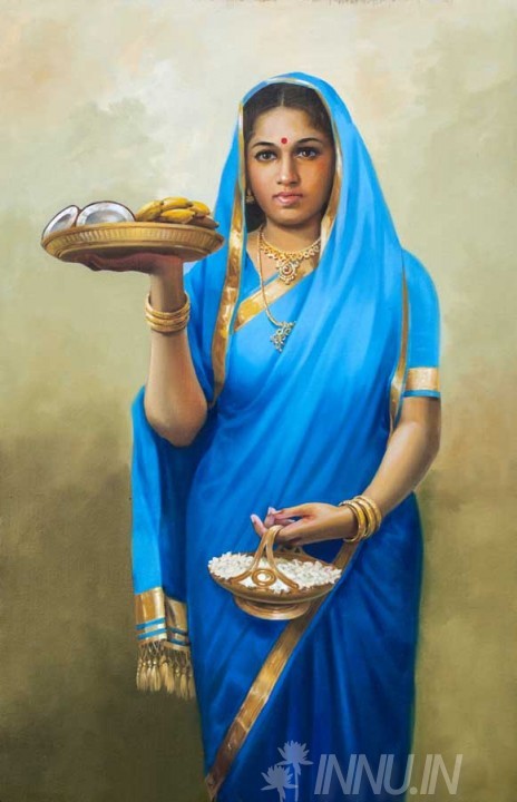 Buy Fine art painting South Indian lady with fruits in Blue saree by Artist Unknown Artist