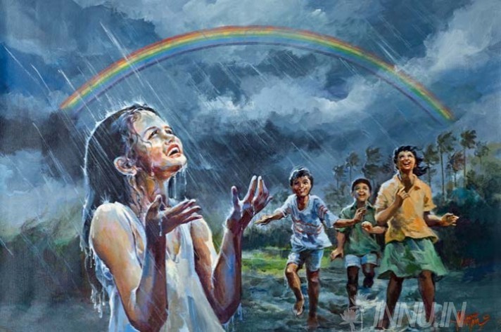 Buy Fine art painting Children playing in rain, with rainbow by Artist Unknown Artist