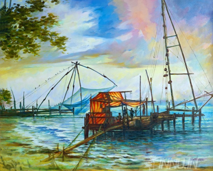 Buy Fine art painting  Kochi chineese fishing net by Artist Unknown-artist