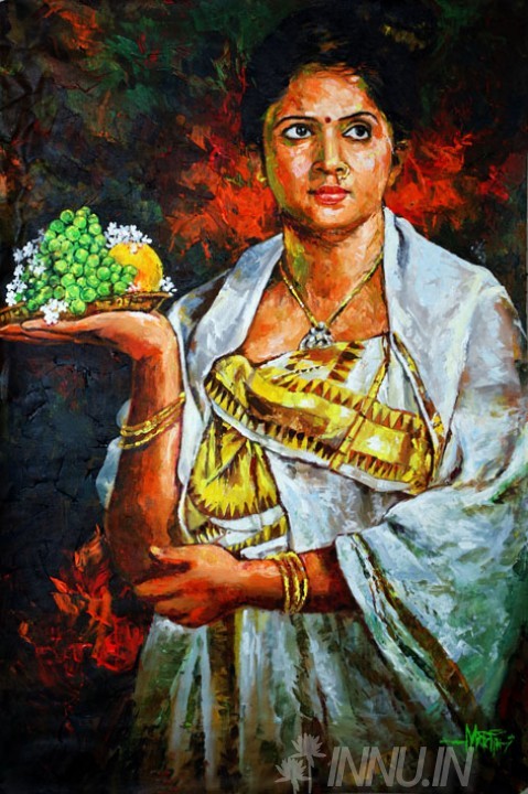 Buy Fine art painting Kerala lady in her traditional kasavu saree by Artist Unknown Artist