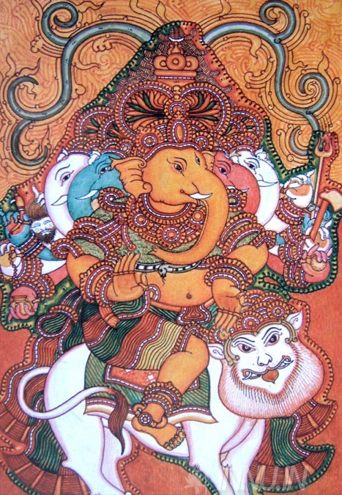 Buy Fine art painting Ganapati and Lion Mural by Artist Unknown Artist