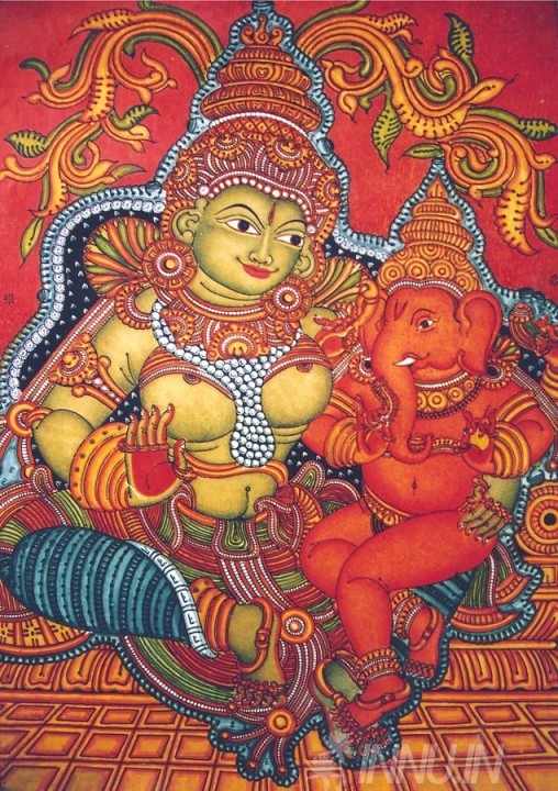 Buy Fine art painting Mural Ganapati & parvathy  by Artist Unknown Artist