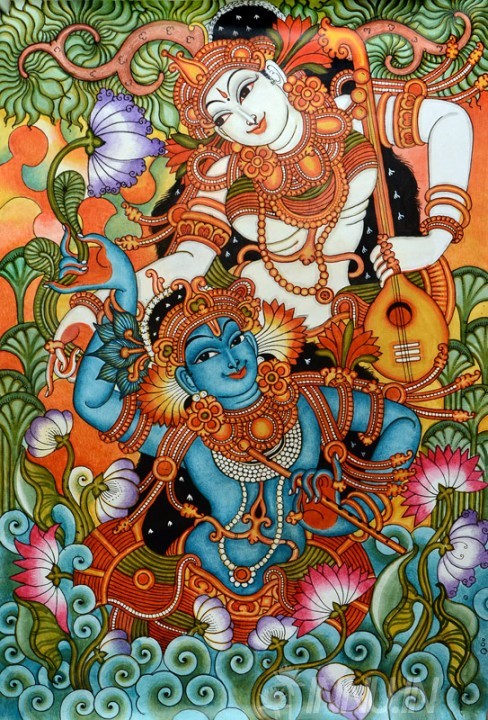 Buy Fine art painting Krishnan and Radha with Thamburu by Artist Unknown Artist