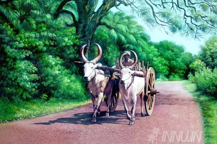 Buy Fine art painting Old man riding bullock cart by Artist Unknown Artist