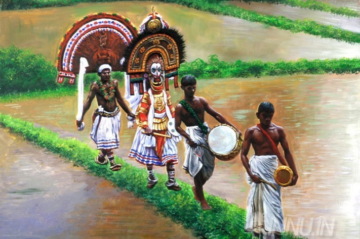 Buy Fine art painting Walking theyyam in paddy field (landscape) by Artist Unknown Artist