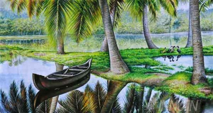 Buy Fine art painting Empty Anchored Rowboat in lake by Artist Unknown Artist