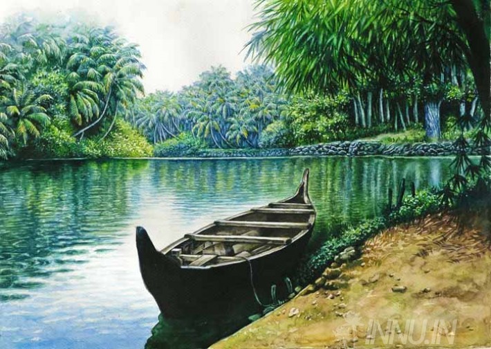 Buy Fine art painting Empty Anchored wodden Rowboat in lake by Artist Unknown Artist