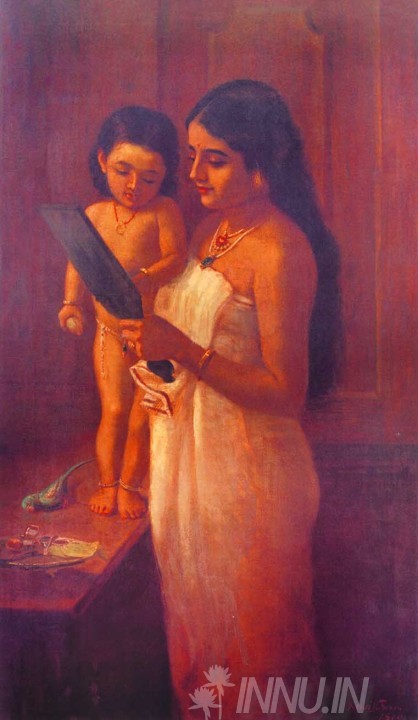 Buy Fine art painting Lady with Mirror by Artist Raja Ravi Varma