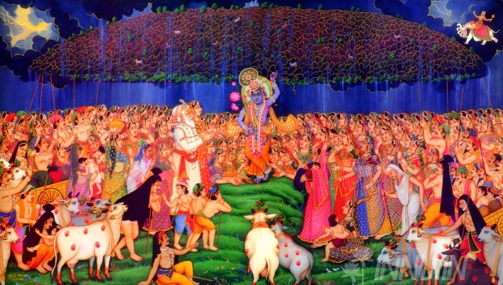 Buy Fine art painting Lord Krishnan lifting Mount Govardhan  by Artist Unknown Artist