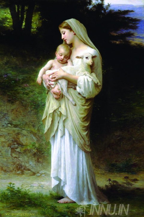 Buy Fine art painting Mother Mary with child Jesus and a sheep by Artist Unknown Artist