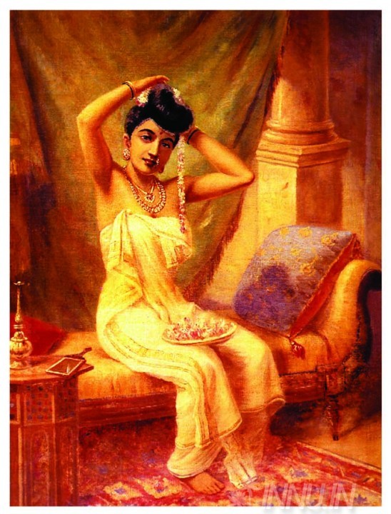 Buy Fine art painting  A Nair Woman Adorns Herself by Artist Raja Ravi Varma