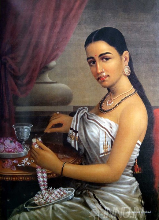 Buy Fine art painting Lady making flower garland by Artist Raja Ravi Varma