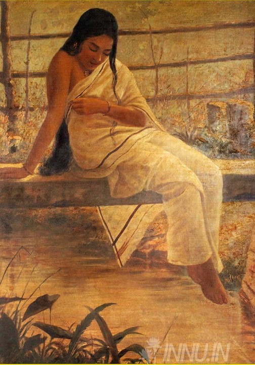 Buy Fine art painting Lady on the Bridge by Artist Raja Ravi Varma