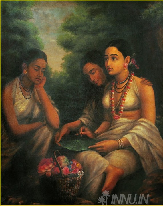 Buy Fine art painting Shakuntala Writing Letter to Dushyanta by Artist Raja Ravi Varma