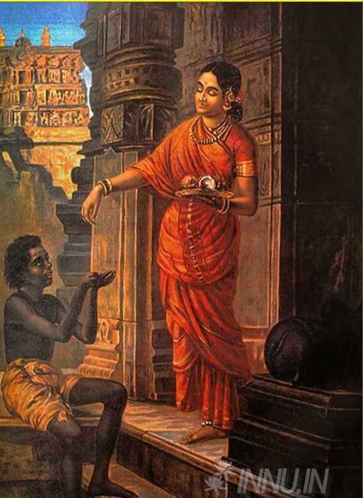 Buy Fine art painting Lady giving Alms at the Temple by Artist Raja Ravi Varma