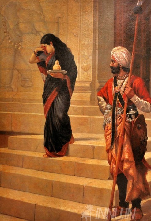 Buy Fine art painting Draupadi sadly serves as a handmaiden in the court of Kichaka by Artist Raja Ravi Varma