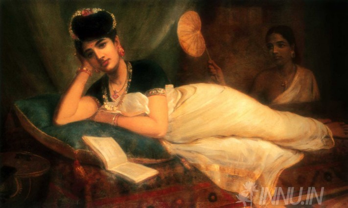 Buy Fine art painting Reclining woman by Artist Raja Ravi Varma