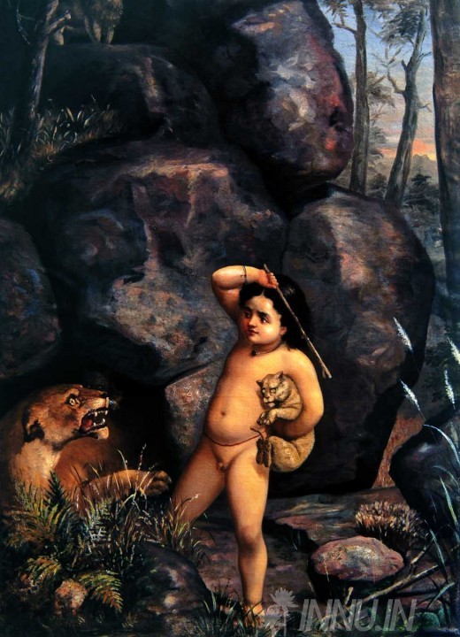 Buy Fine art painting Bharat playing with Lion cubs by Artist Raja Ravi Varma