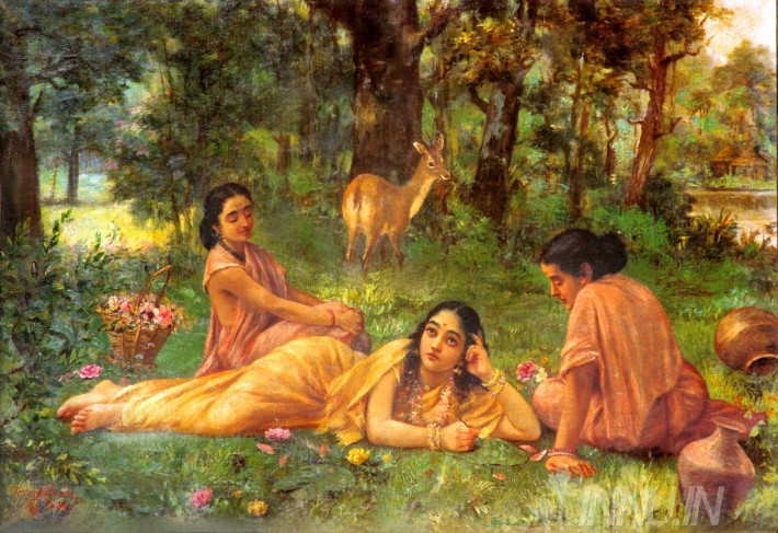 Buy Fine art painting Shakuntala Pines for King Dushyanta, With Priyamvada and Anusuya by Artist Raja Ravi Varma