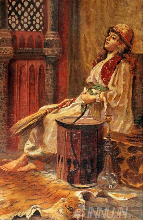 Buy Fine art painting A Girl Holding Hookah in One Hand and Broom in Another by Artist Raja Ravi Varma