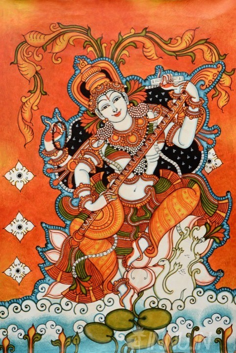 Buy Fine art painting Goddess Saraswathi Mural by Artist Unknown Artist