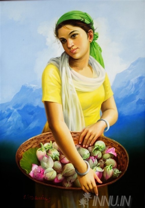 Buy Fine art painting Lady Holding Flowers by Artist Mahendran