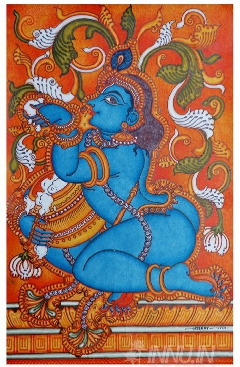 Buy Fine art painting Sri Krishna with butter mural by Artist Unknown Artist