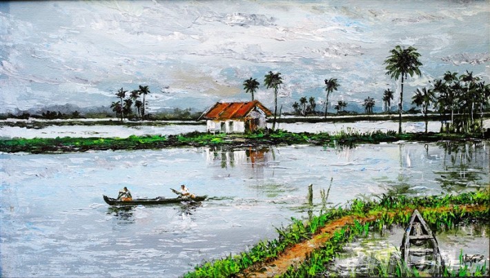Buy Fine art painting A village boat in backwaters by Artist Martin