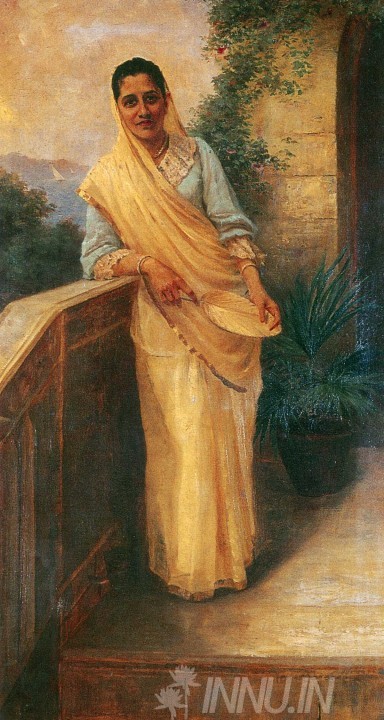 Buy Fine art painting Woman Standing in Balcony by Artist Raja Ravi Varma