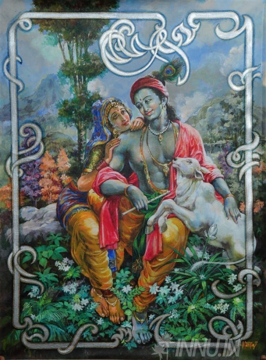 Buy Fine art painting Krishna & Radha with Calf  by Artist Unknown Artist