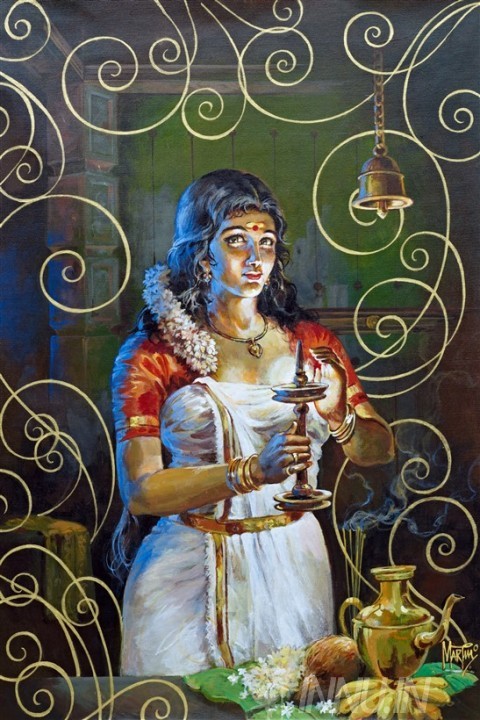 Buy Fine art painting Kerala Lady with Nilavilakku 1 by Artist Unknown Artist