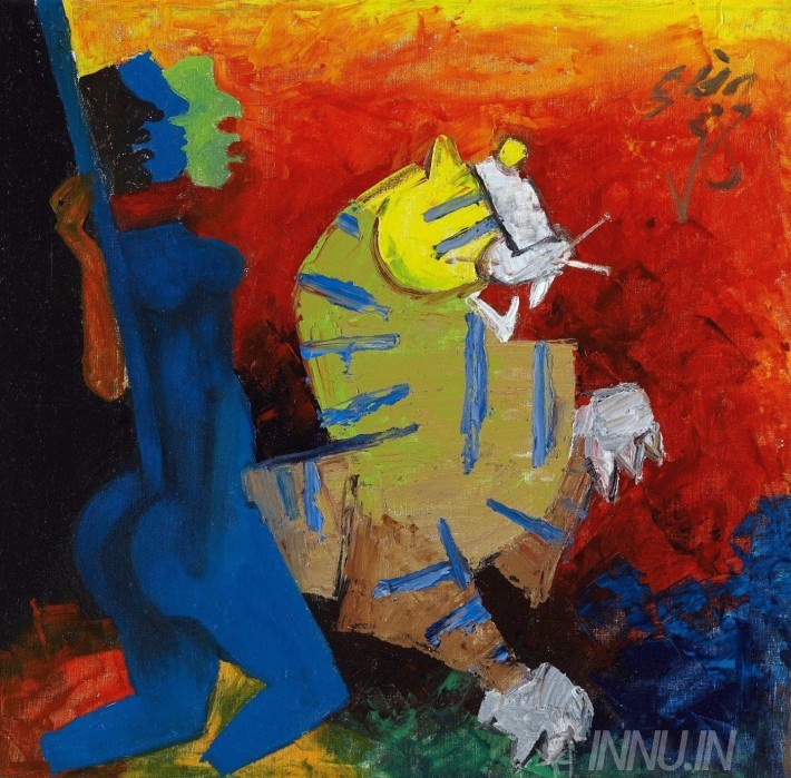 Buy Fine art painting Blue figure and tiger by Artist M F Husain