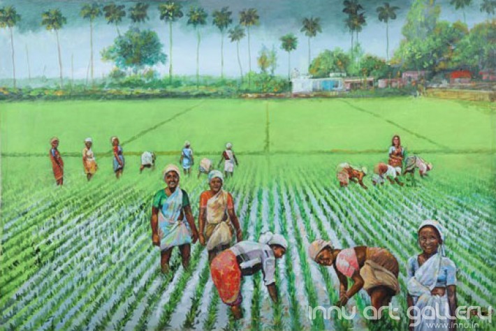 Buy Fine art painting Nel koyithu - Paddy field by Artist Martin