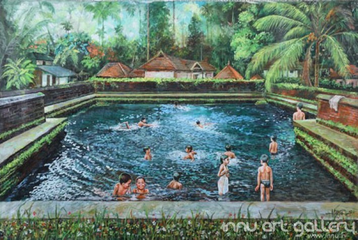 Buy Fine art painting Children bathing in temple pond by Artist Martin