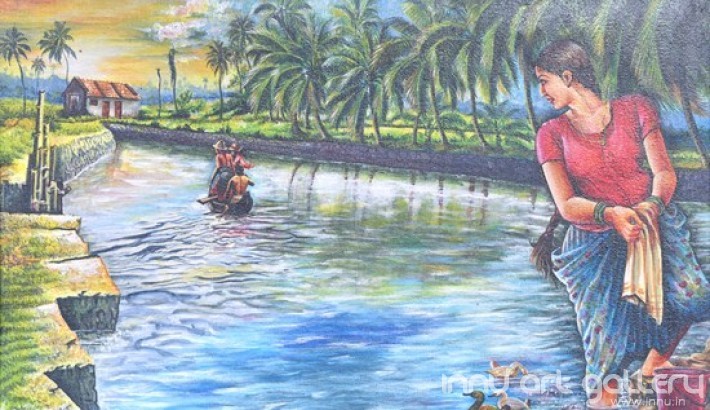 Buy Fine art painting A Lady in the River Bank by Artist Hari Kumar