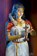 Fine art  - Kerala lady with nilavilakku (lamp) by Artist 