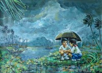 Fine art  - Kids playing in rain by Artist 