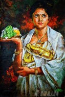 Fine art  - Kerala lady in her traditional kasavu saree by Artist 