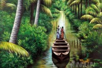 Fine art  - Men sailing a Kerala rowboat through narrow stream by Artist 