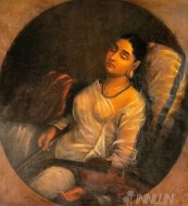 Fine art  - Lady Resting on the Pillow by Artist Raja Ravi Varma