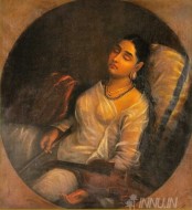 Fine art  - Lady Resting on the Pillow 2 by Artist Raja Ravi Varma