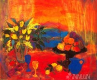 Fine art  - Red Still Life Against The Hills by Artist Ann Oram