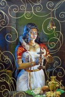 Fine art  - Kerala Lady with Nilavilakku 1 by Artist 