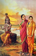 Fine art  - Manini Radha - Introducing Radha to Krishna by Artist Raja Ravi Varma