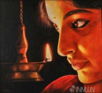 Fine art  - Lady with Lamp by Artist Suresh Dev