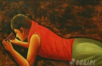 Fine art  - Child with Mobile Phone by Artist Babitha Marina Justin